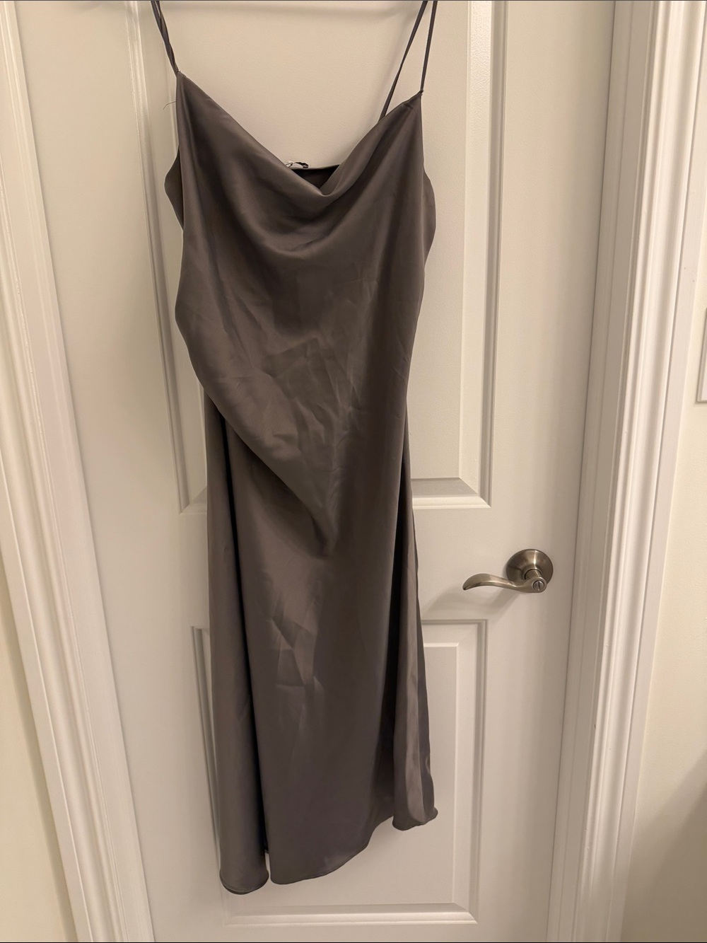 Satin Cowl Midi Slip Dress in Grey